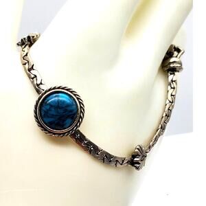 Goldette Silver Tone Blue Stone Bracelet SW Chain Boho Designer Chain Retro MCM